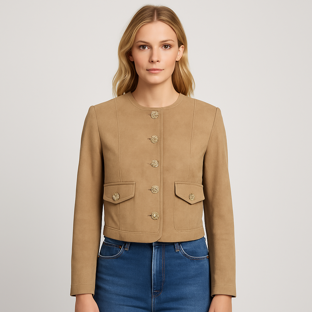 A cropped beige suede jacket with ornate golden buttons, flap pockets, and a round neckline.