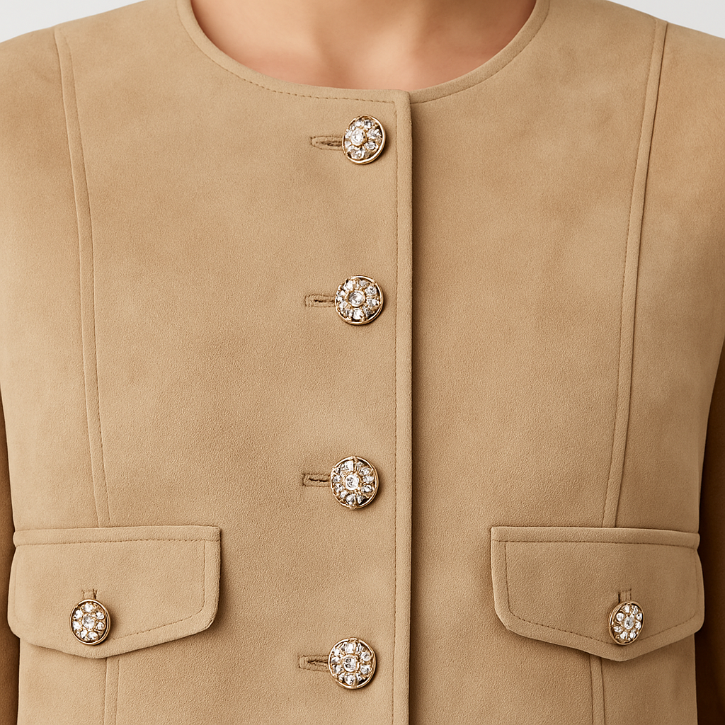 A cropped beige suede jacket with ornate golden buttons, flap pockets, and a round neckline.