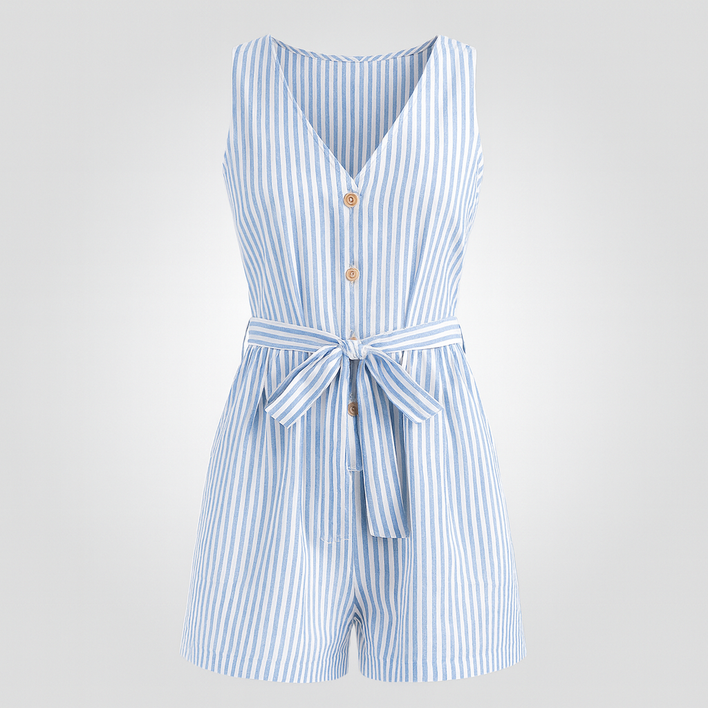 Sleeveless romper with V-neckline, button front, belted waist tie, and vertical stripe pattern.