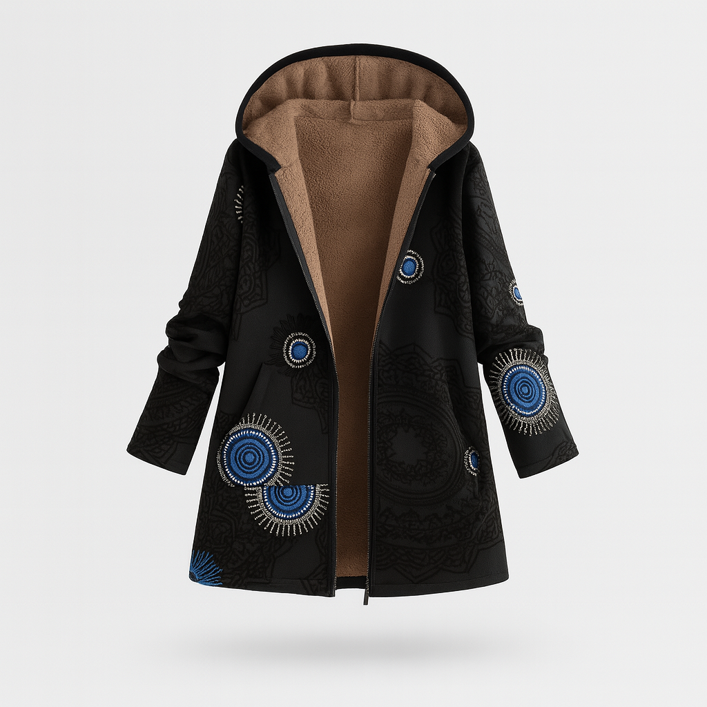 A long hooded coat with an open front design, fleece lining, long sleeves, side pockets, and a floral print exterior.