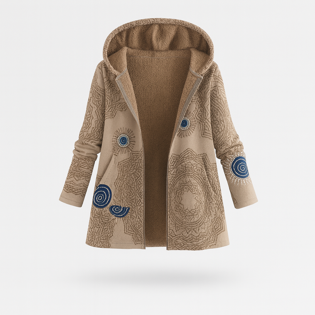 A long hooded coat with an open front design, fleece lining, long sleeves, side pockets, and a floral print exterior.