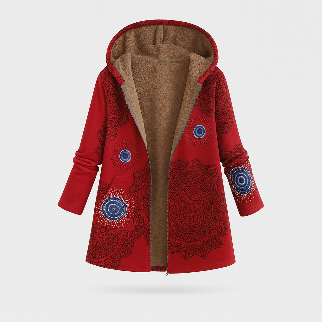 A long hooded coat with an open front design, fleece lining, long sleeves, side pockets, and a floral print exterior.