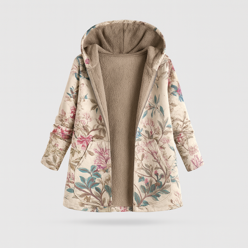 A long hooded coat with an open front design, fleece lining, long sleeves, side pockets, and a floral print exterior.