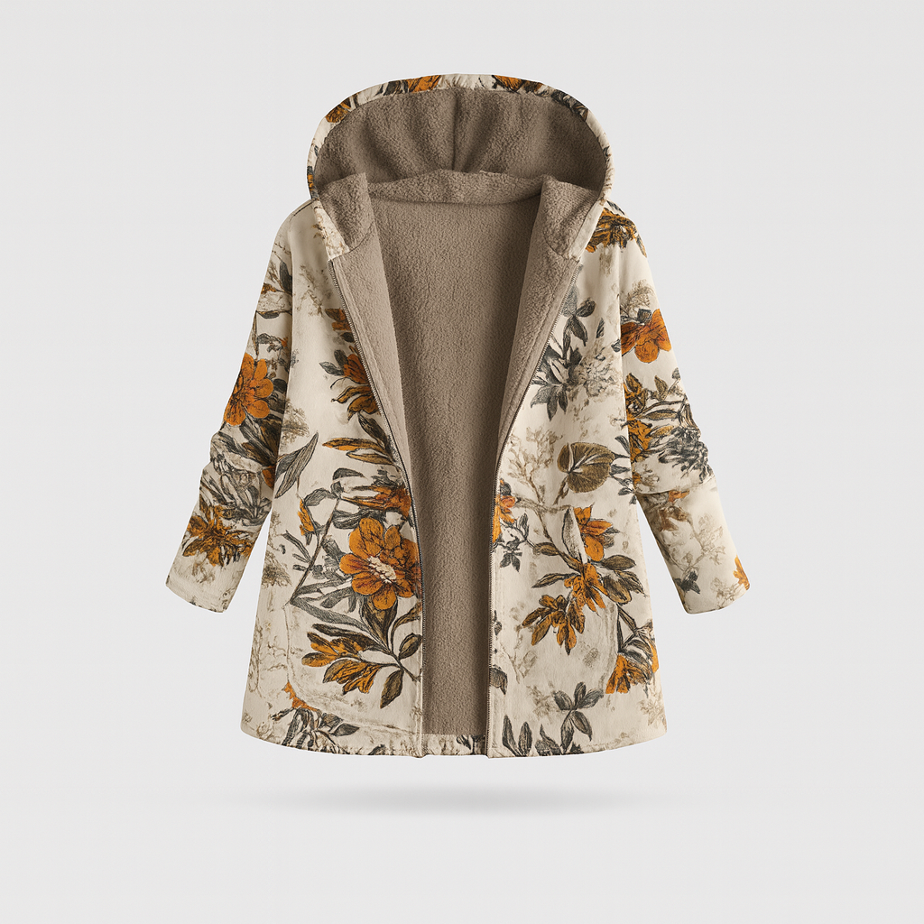 A long hooded coat with an open front design, fleece lining, long sleeves, side pockets, and a floral print exterior.