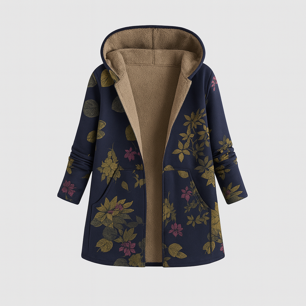 A long hooded coat with an open front design, fleece lining, long sleeves, side pockets, and a floral print exterior.