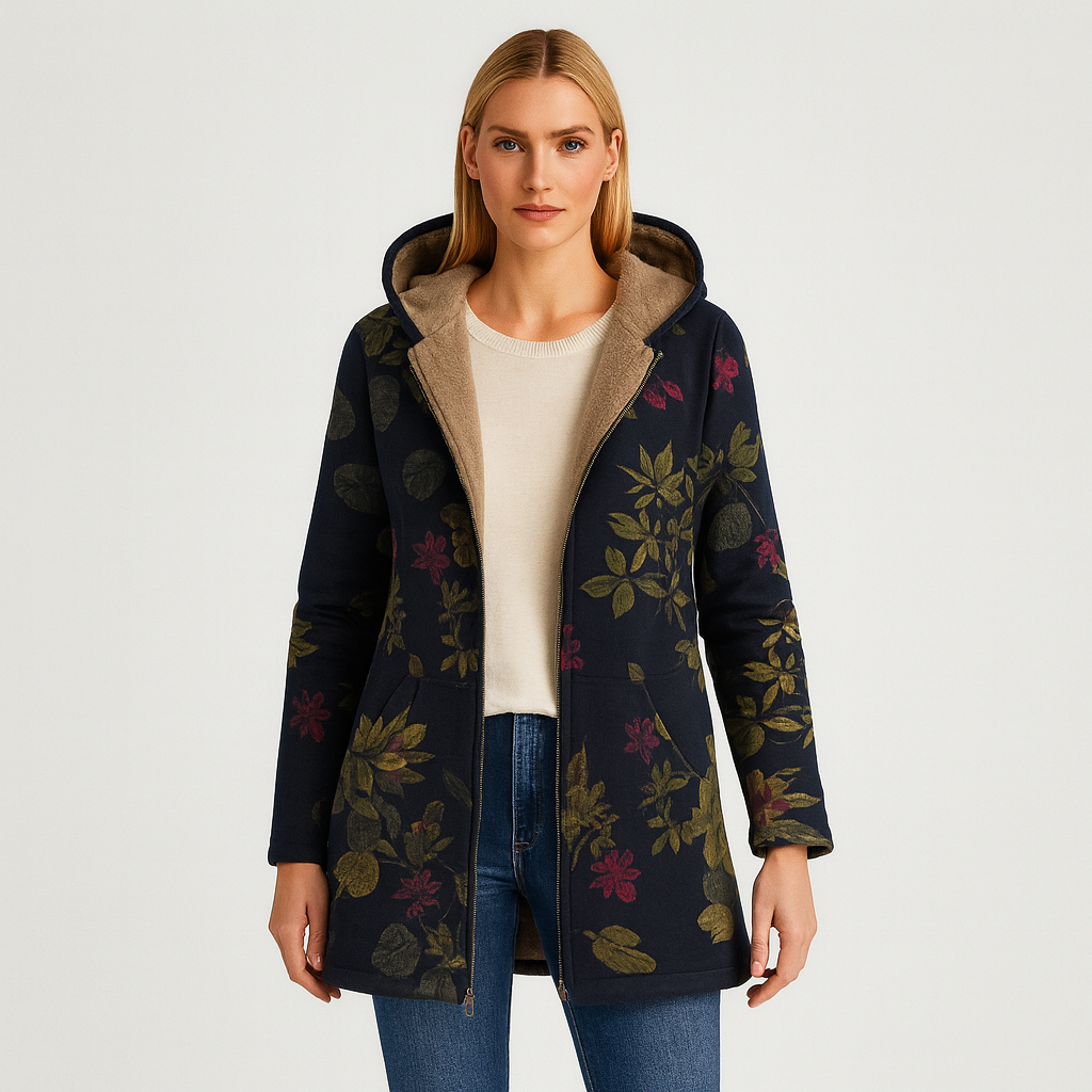 A long hooded coat with an open front design, fleece lining, long sleeves, side pockets, and a floral print exterior.