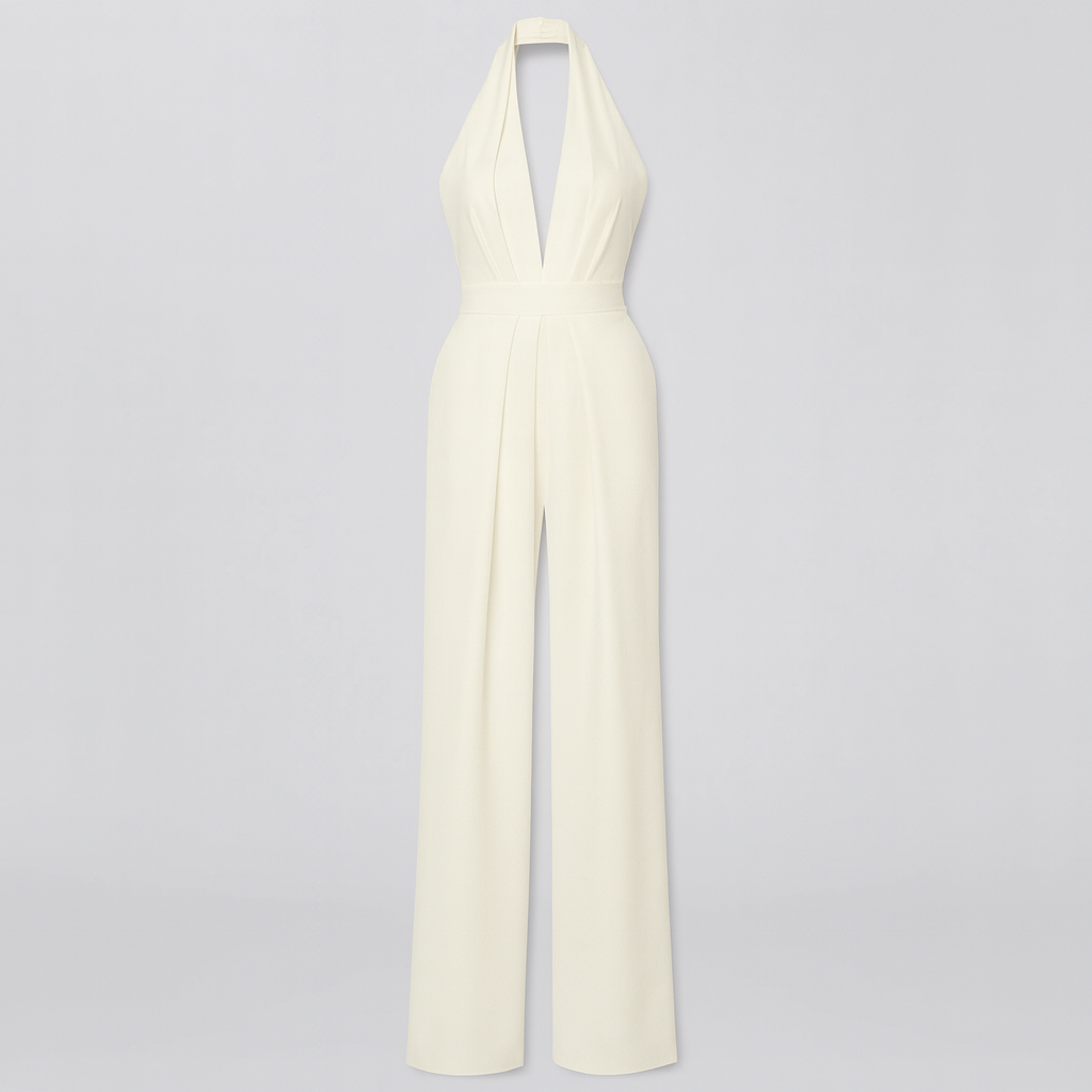 A halter-neck jumpsuit with a deep V-neckline, fitted waist, and wide-leg pants.