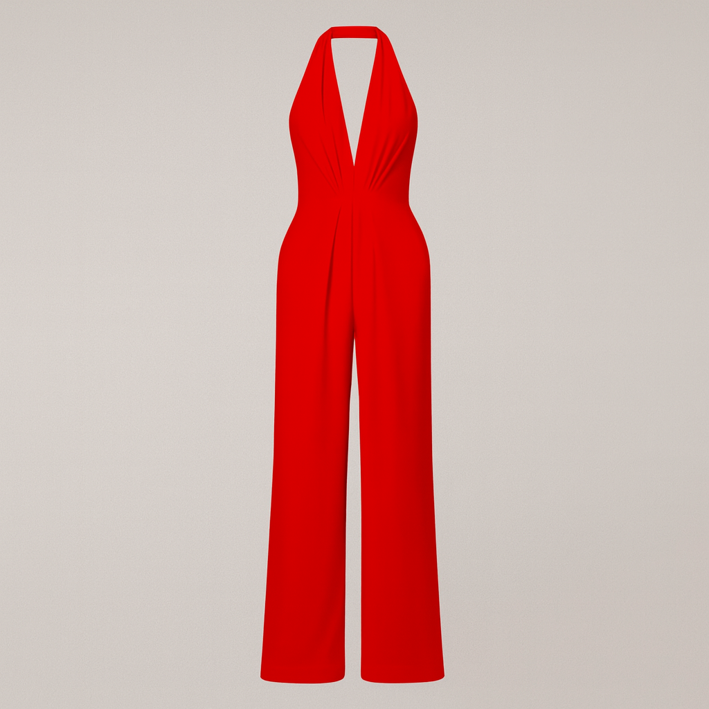 A halter-neck jumpsuit with a deep V-neckline, fitted waist, and wide-leg pants.