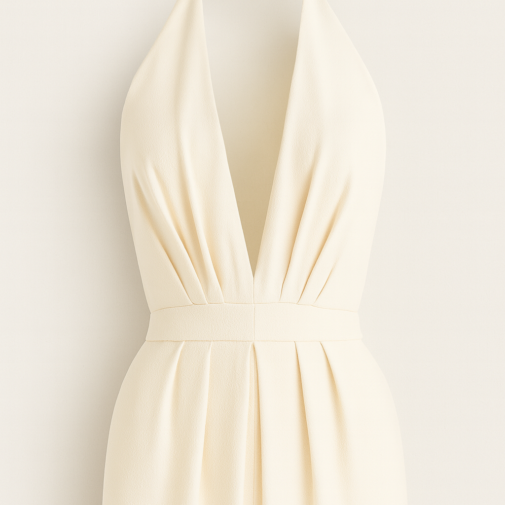 A halter-neck jumpsuit with a deep V-neckline, fitted waist, and wide-leg pants.