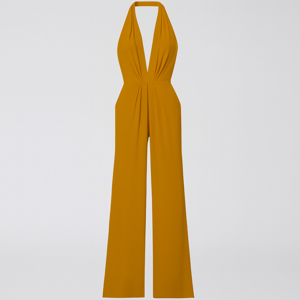 A halter-neck jumpsuit with a deep V-neckline, fitted waist, and wide-leg pants.