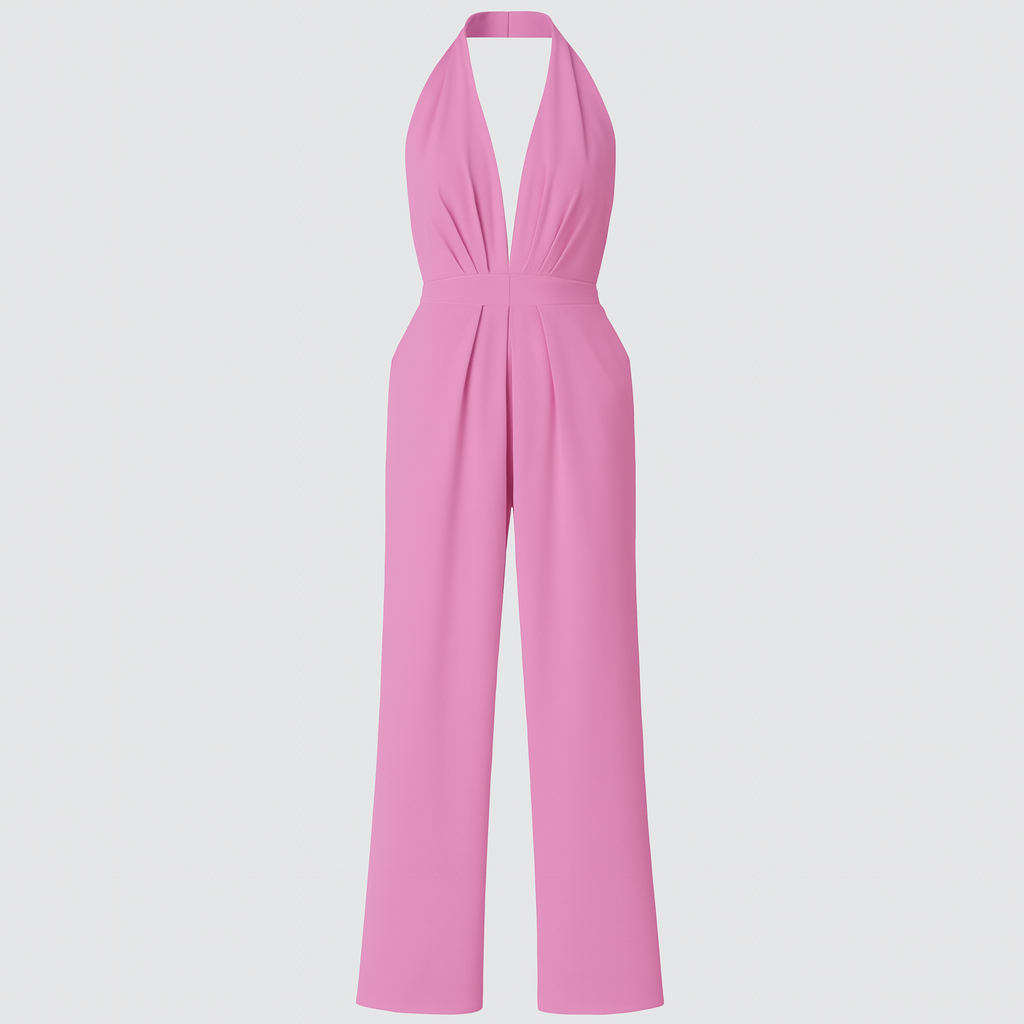 A halter-neck jumpsuit with a deep V-neckline, fitted waist, and wide-leg pants.
