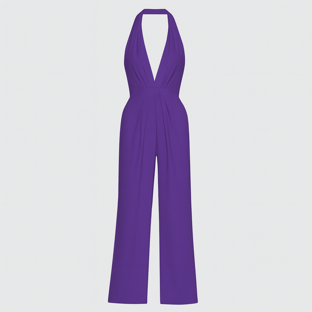 A halter-neck jumpsuit with a deep V-neckline, fitted waist, and wide-leg pants.