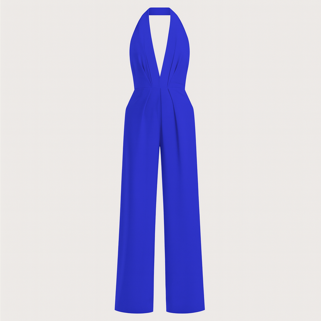 A halter-neck jumpsuit with a deep V-neckline, fitted waist, and wide-leg pants.