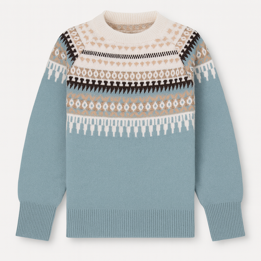 Crew neck jumper with a patterned yoke design, ribbed cuffs, and hem.