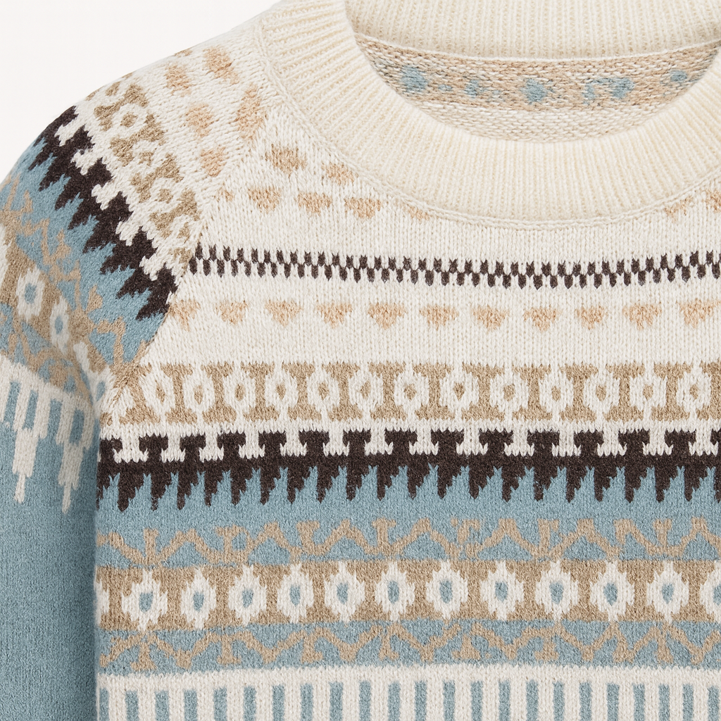Crew neck jumper with a patterned yoke design, ribbed cuffs, and hem.