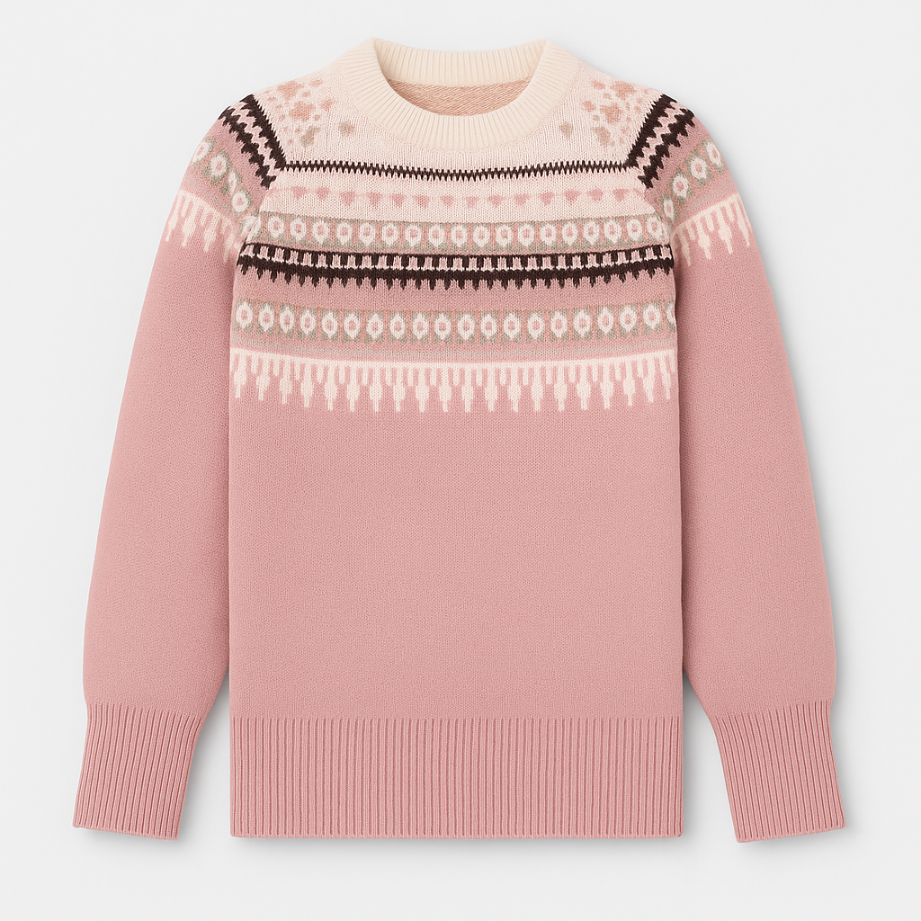 Crew neck jumper with a patterned yoke design, ribbed cuffs, and hem.