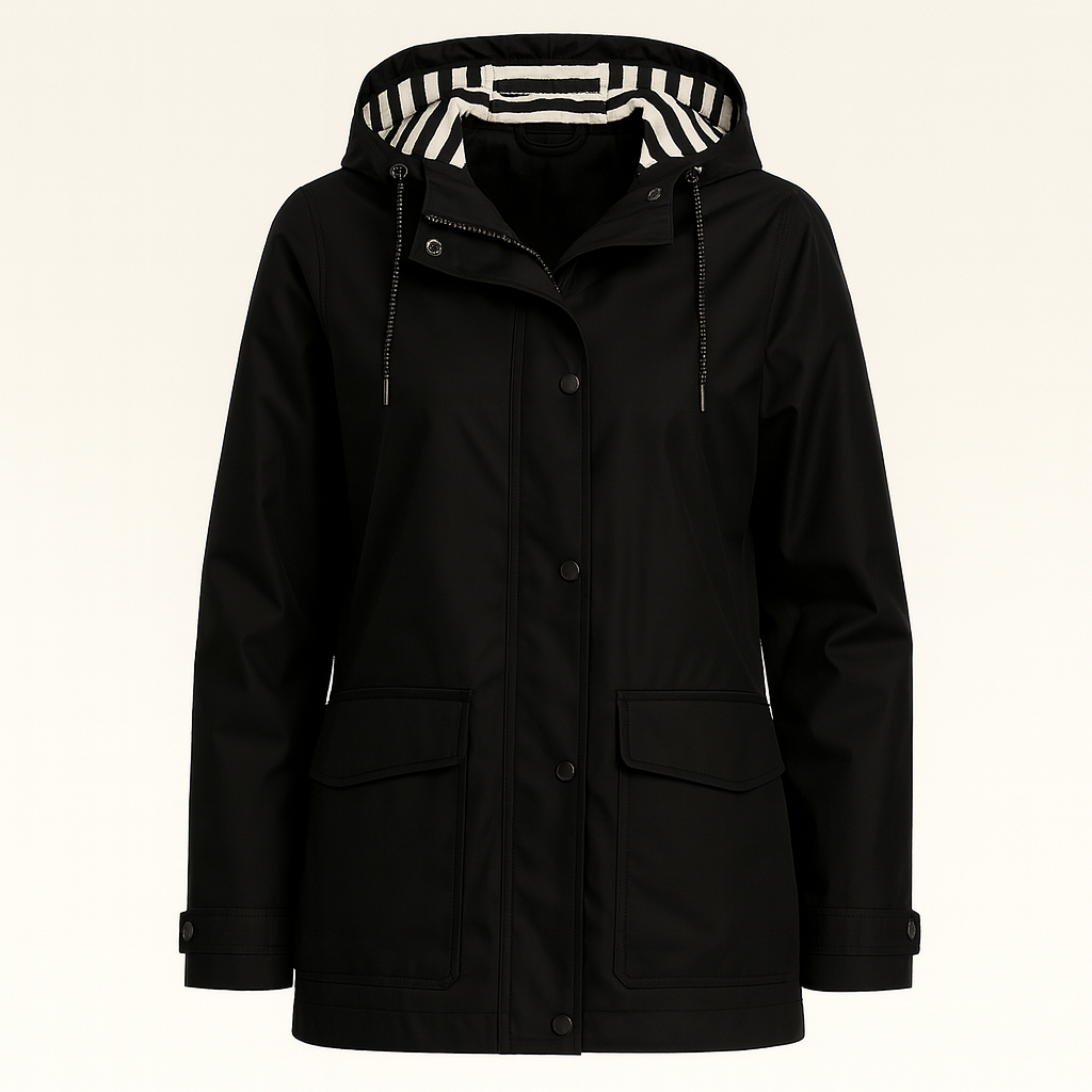 Rain jacket with hood, striped lining, front flap pockets, and button-front closure, styled for casual outdoor wear