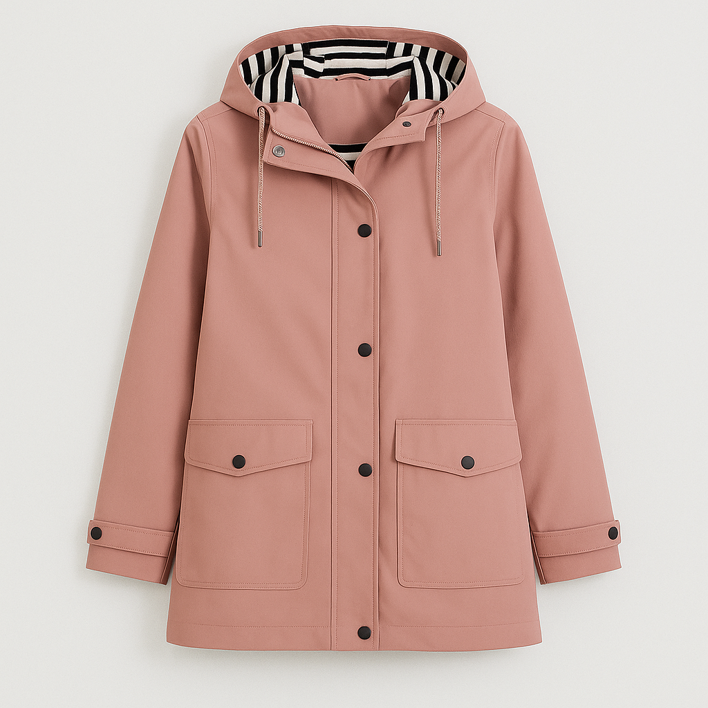 Rain jacket with hood, striped lining, front flap pockets, and button-front closure, styled for casual outdoor wear