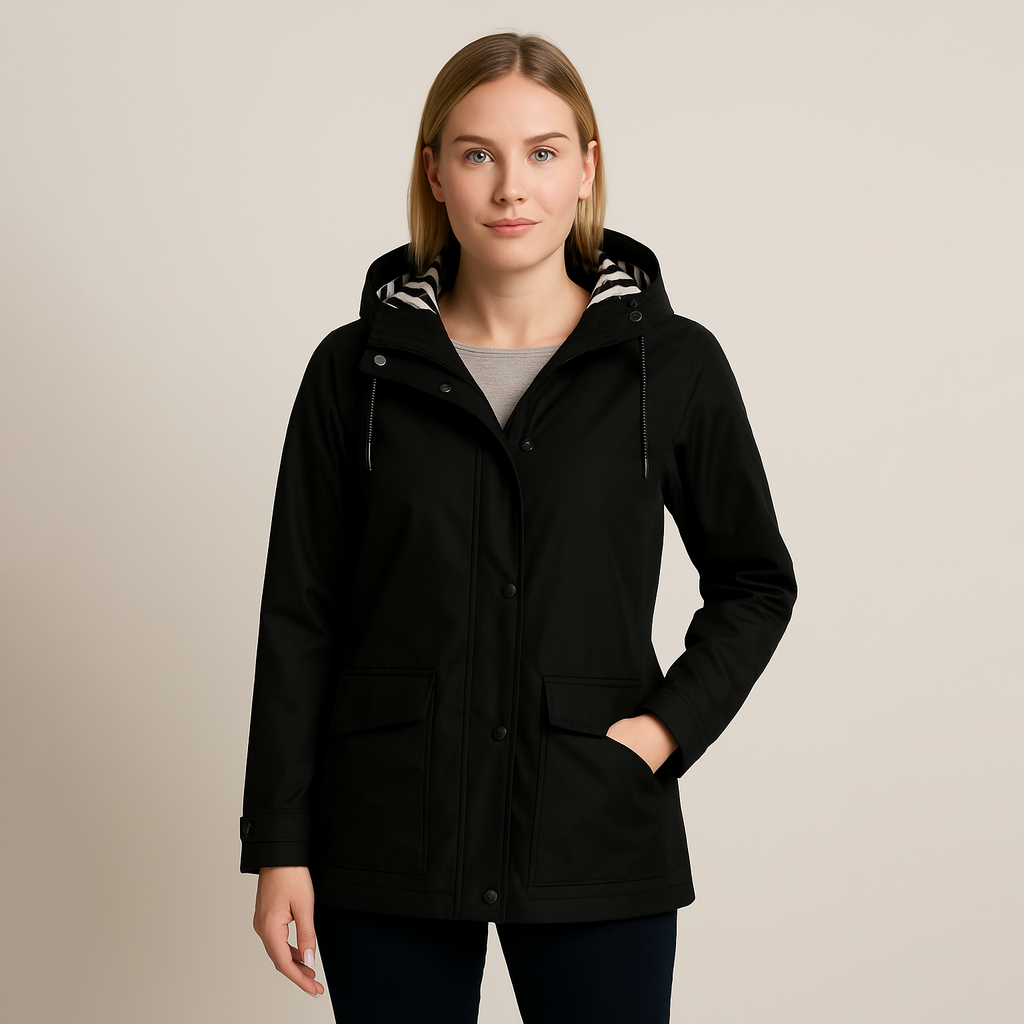 Rain jacket with hood, striped lining, front flap pockets, and button-front closure, styled for casual outdoor wear