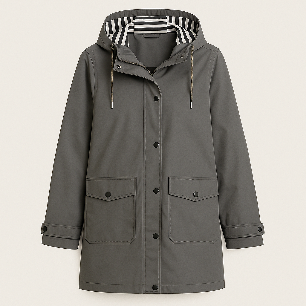 Rain jacket with hood, striped lining, front flap pockets, and button-front closure, styled for casual outdoor wear