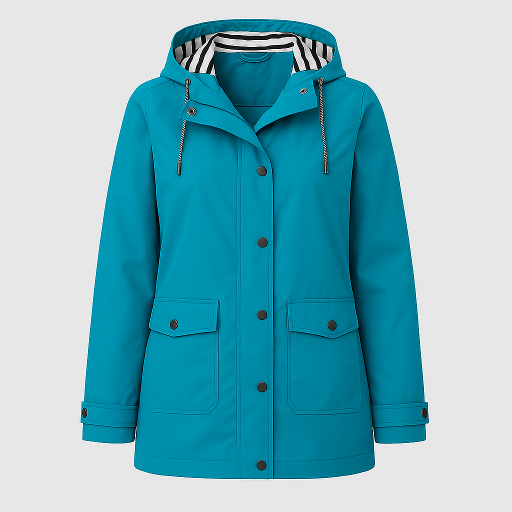 Rain jacket with hood, striped lining, front flap pockets, and button-front closure, styled for casual outdoor wear