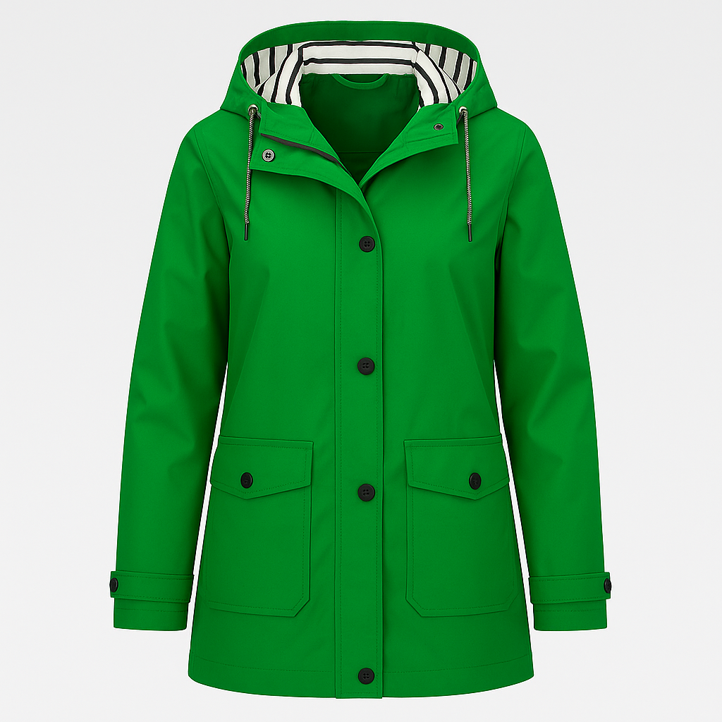 Rain jacket with hood, striped lining, front flap pockets, and button-front closure, styled for casual outdoor wear