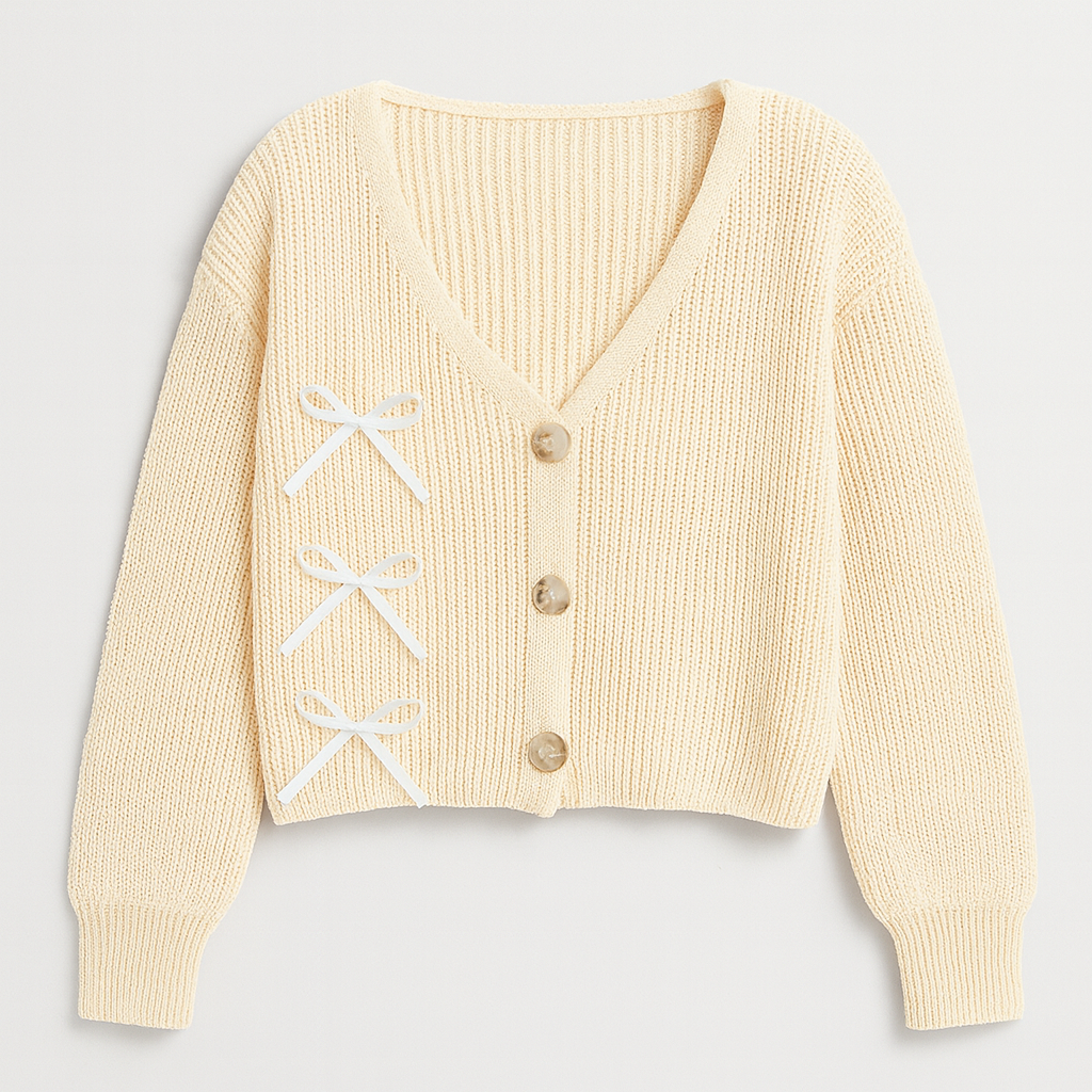 Cream knit cropped cardigan with bow details and button front, styled with a white crop top and denim jeans