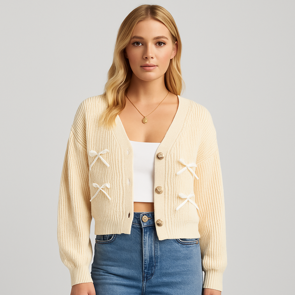 Cream knit cropped cardigan with bow details and button front, styled with a white crop top and denim jeans