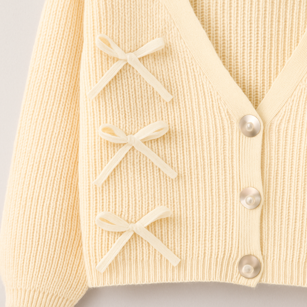 Cream knit cropped cardigan with bow details and button front, styled with a white crop top and denim jeans