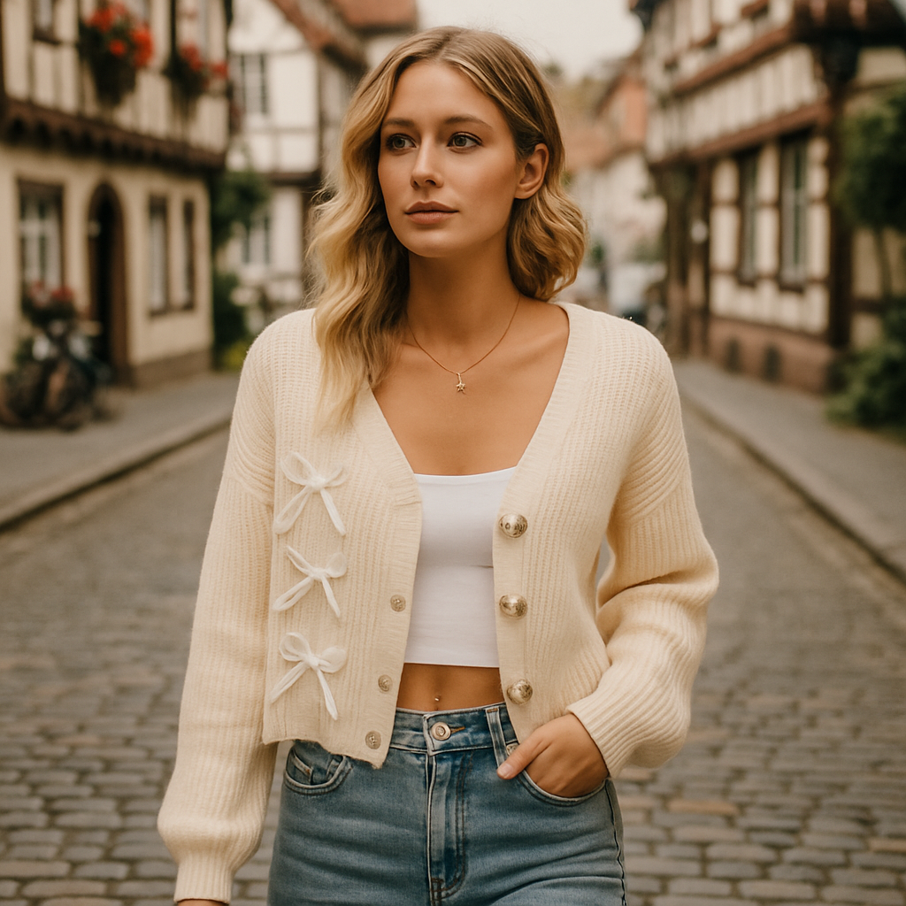 Cream knit cropped cardigan with bow details and button front, styled with a white crop top and denim jeans