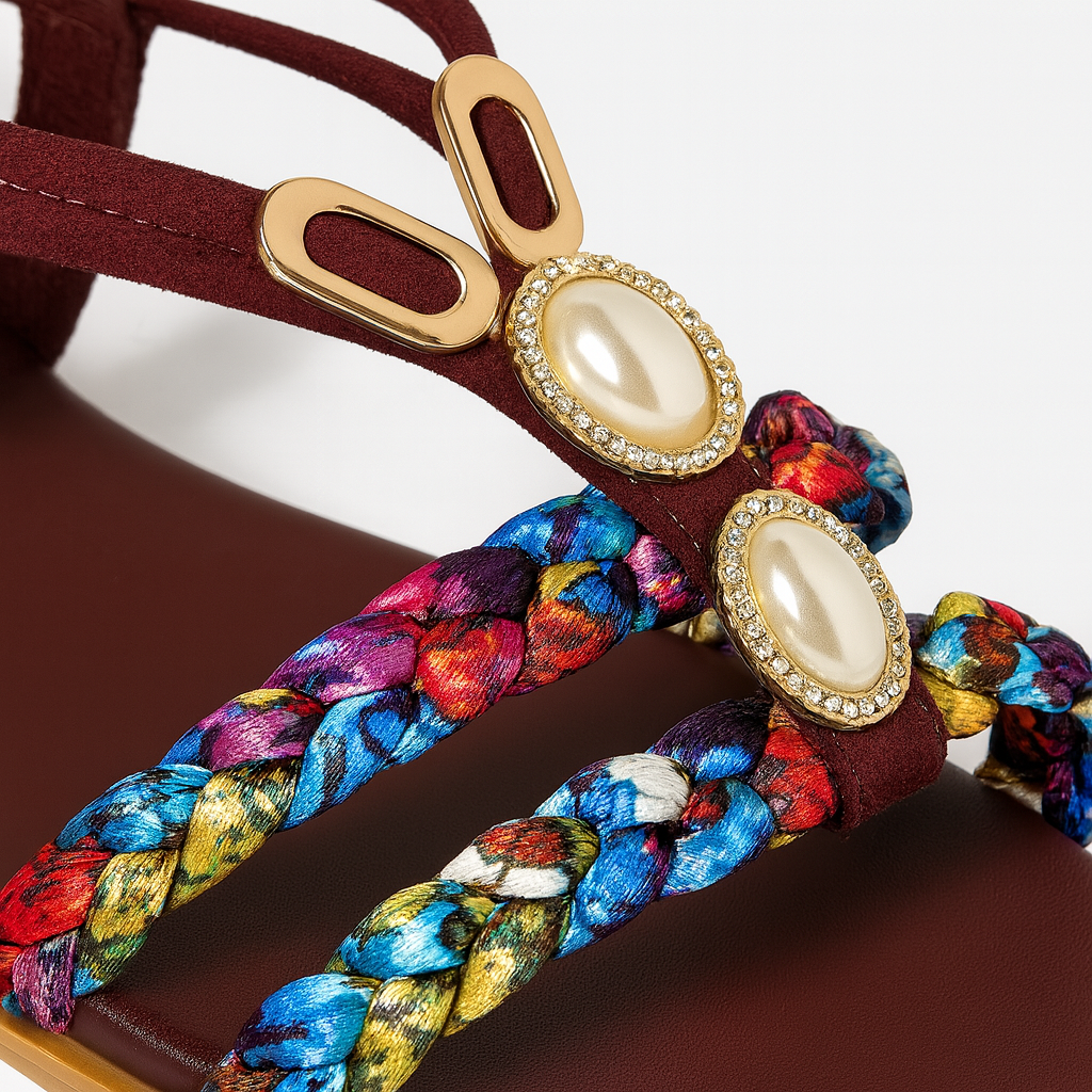 Flat sandal with ankle strap, braided multicolor straps, and decorative pearl-like embellishments set in gold accents.