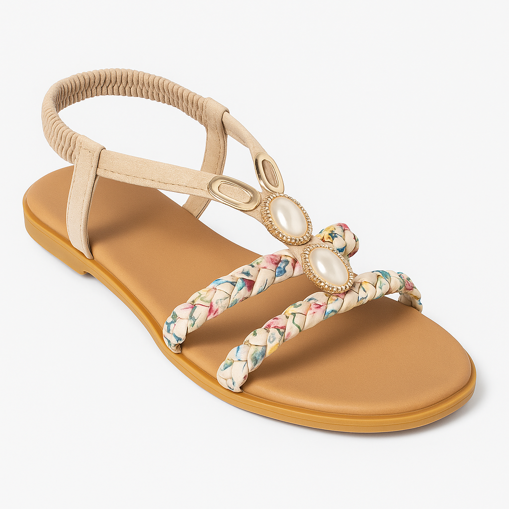 Flat sandal with ankle strap, braided multicolor straps, and decorative pearl-like embellishments set in gold accents.