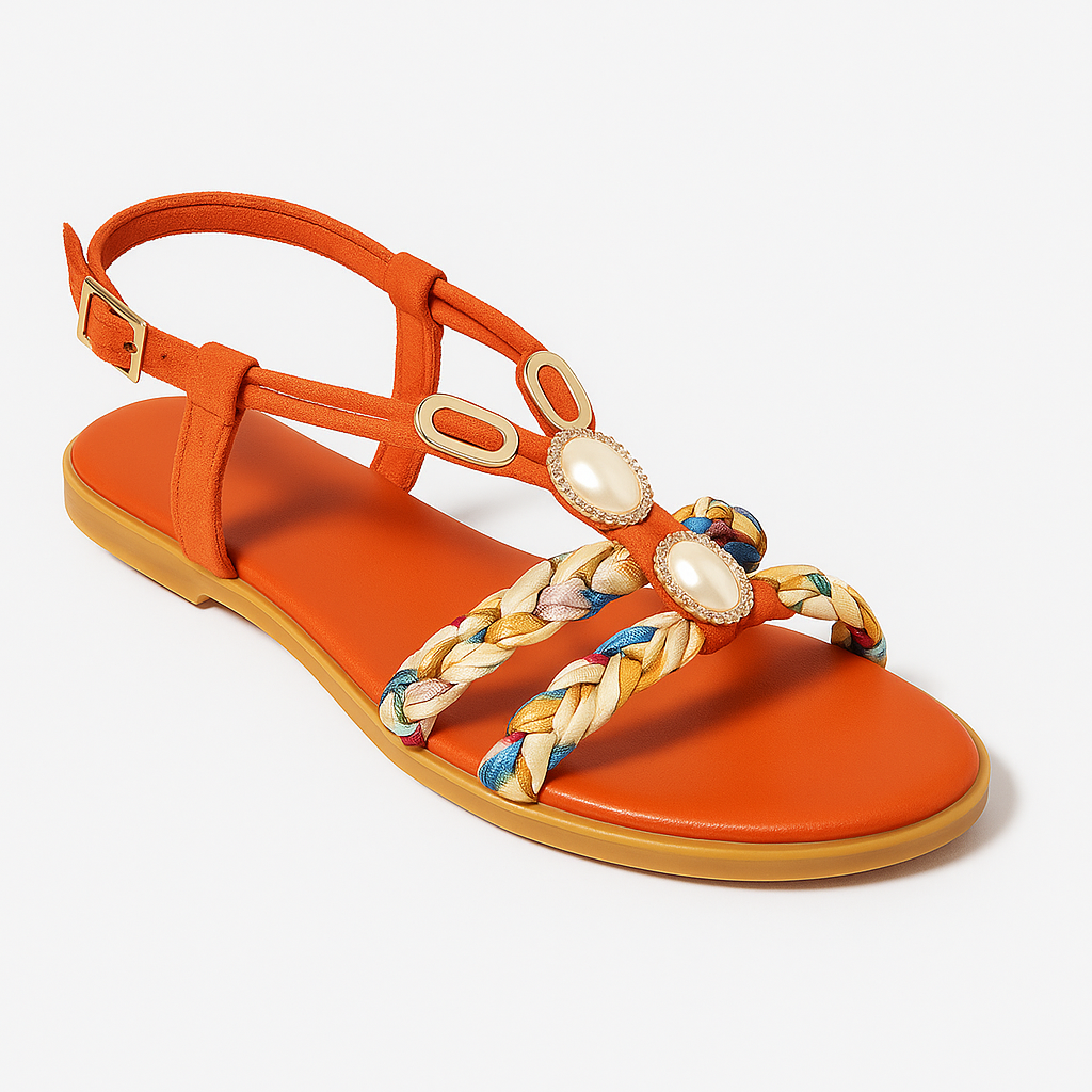 Flat sandal with ankle strap, braided multicolor straps, and decorative pearl-like embellishments set in gold accents.