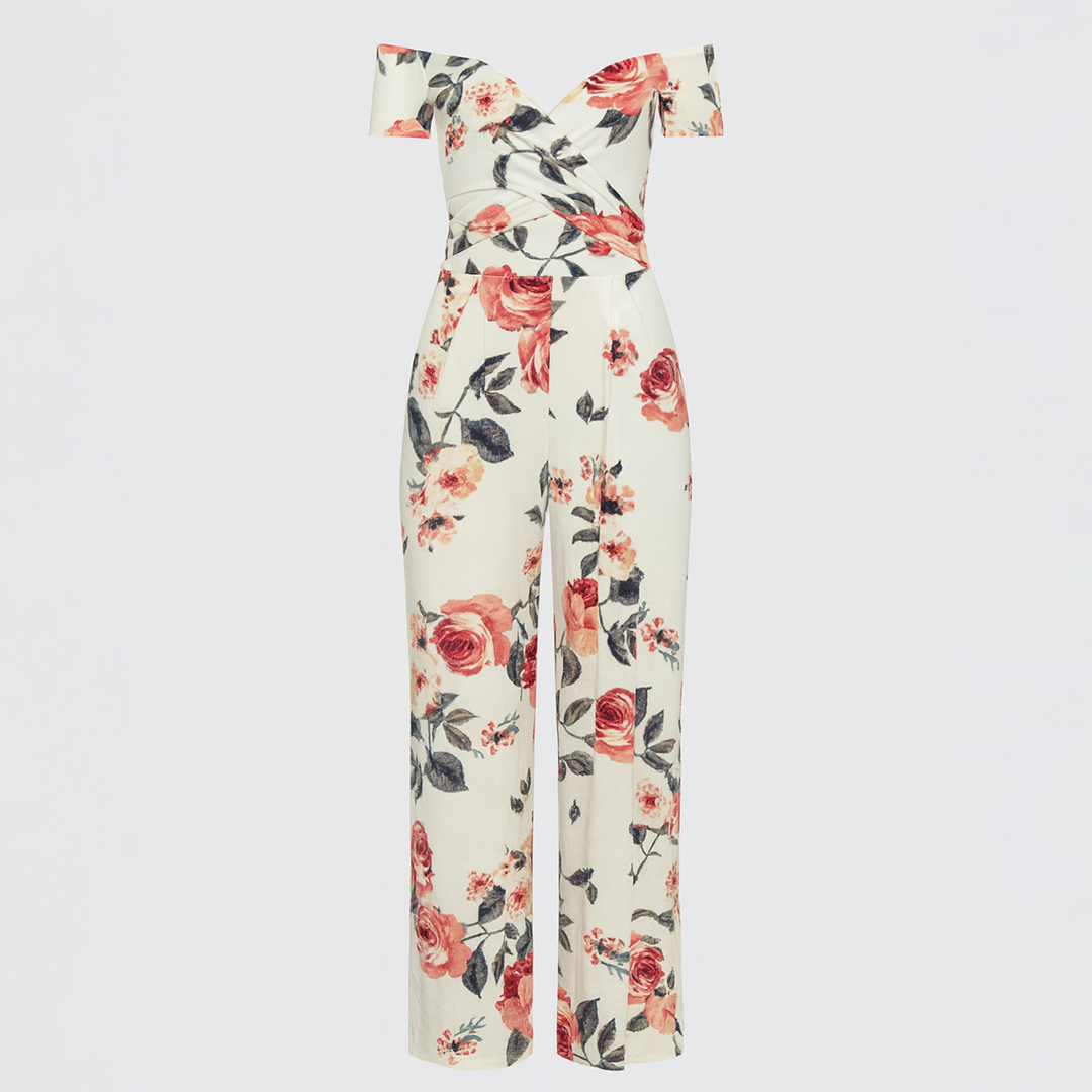 Off-shoulder jumpsuit with a wrap-style bodice, fitted waist, and wide-leg pants featuring an allover floral print.