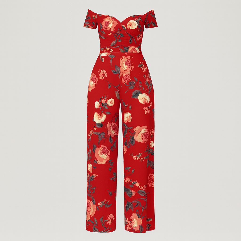 Off-shoulder jumpsuit with a wrap-style bodice, fitted waist, and wide-leg pants featuring an allover floral print.