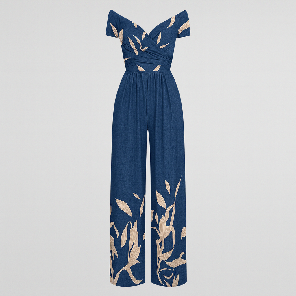 Off-shoulder jumpsuit with a wrap-style bodice, fitted waist, and wide-leg pants featuring an allover floral print.