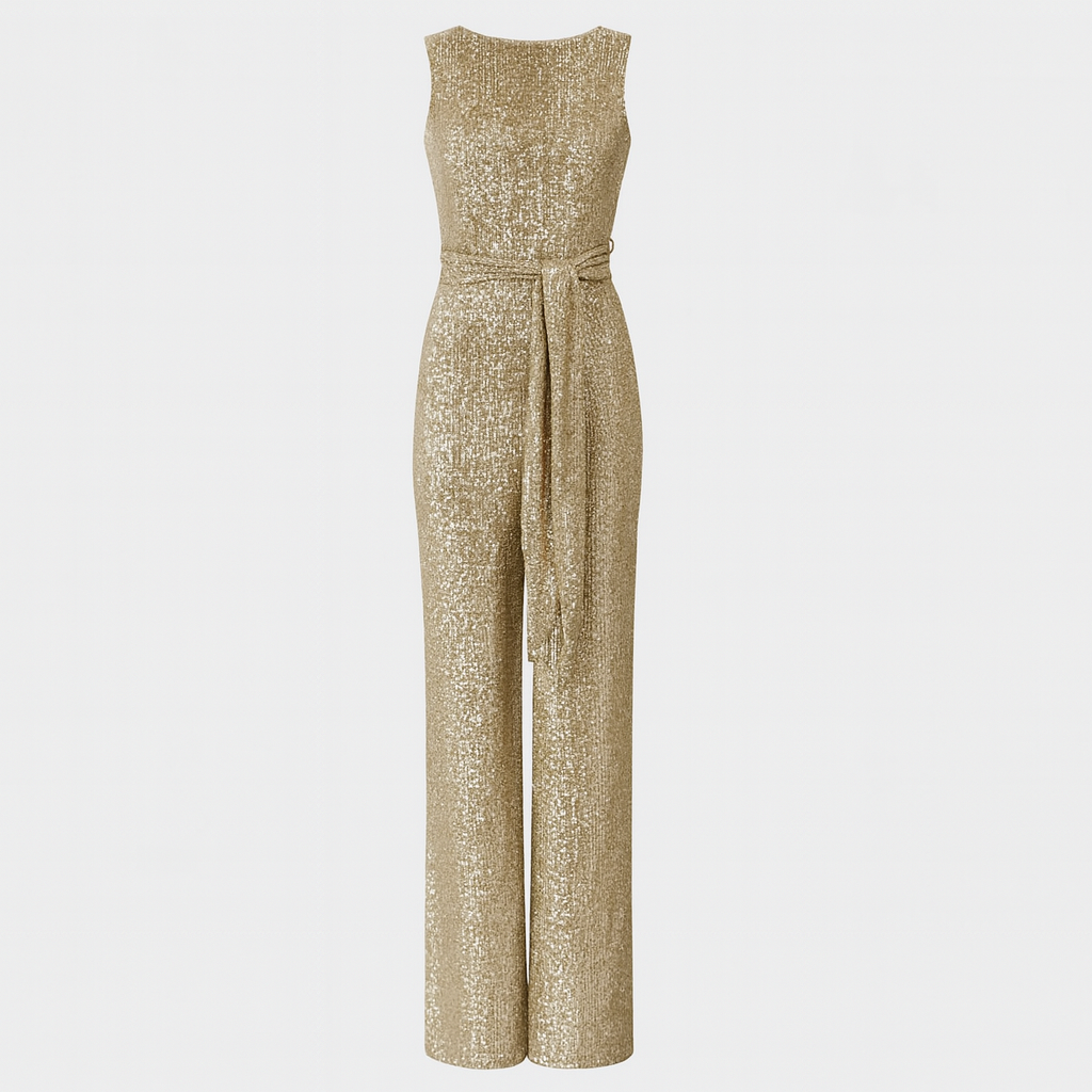 A sleeveless full-length jumpsuit with a fitted bodice, wide legs, and a matching waist tie belt.