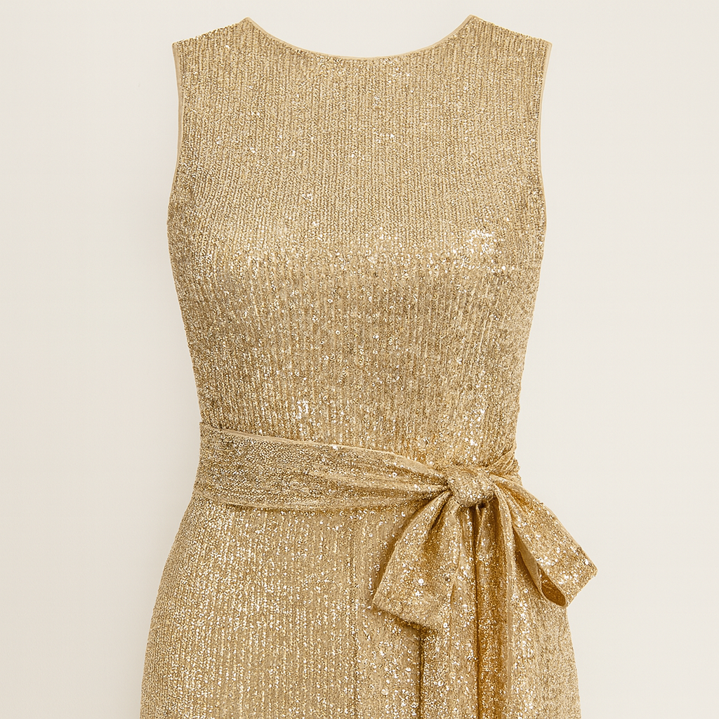 A sleeveless full-length jumpsuit with a fitted bodice, wide legs, and a matching waist tie belt.