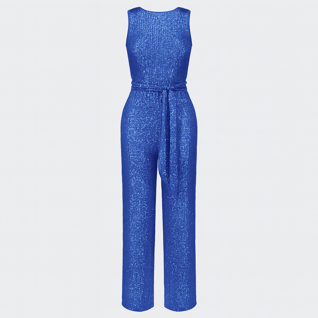 A sleeveless full-length jumpsuit with a fitted bodice, wide legs, and a matching waist tie belt.