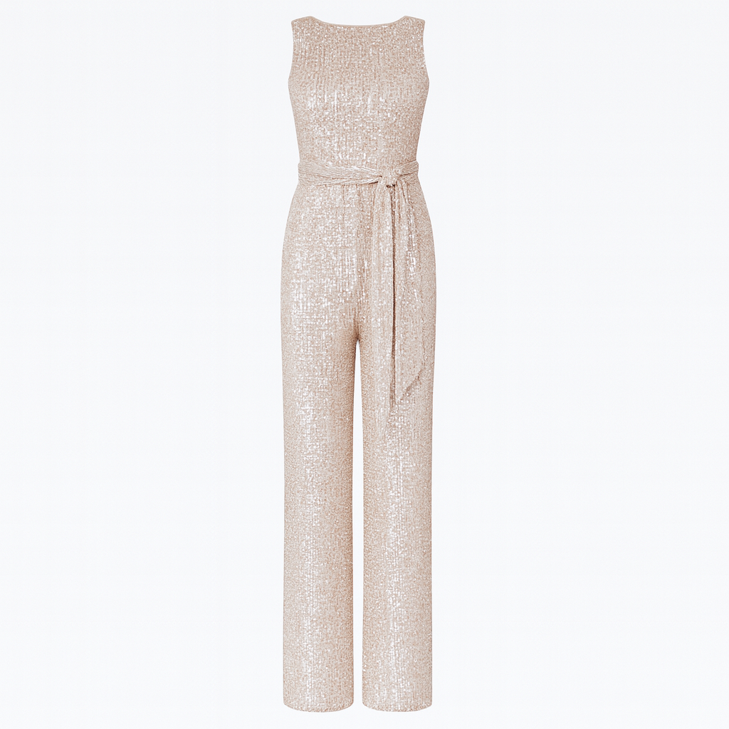 A sleeveless full-length jumpsuit with a fitted bodice, wide legs, and a matching waist tie belt.
