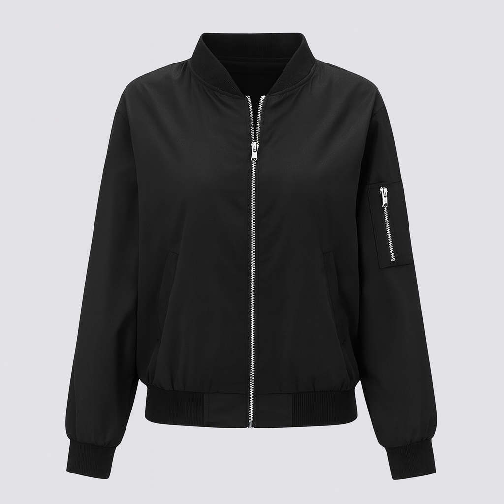 A bomber jacket with a front zipper closure, ribbed collar, cuffs, and hem, two side pockets, and a zippered pocket on the sleeve.