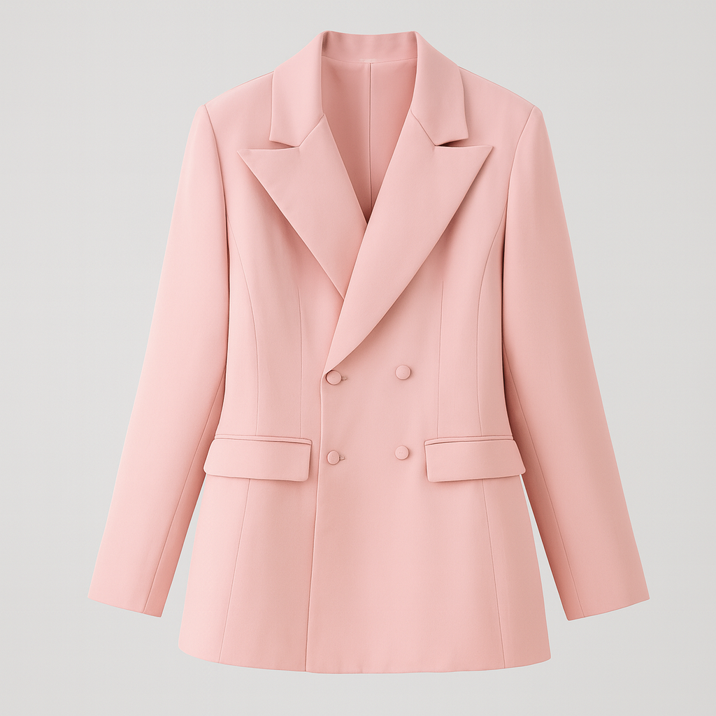 Light pink double breasted blazer with notched lapel and structured fit, featuring front flap pockets