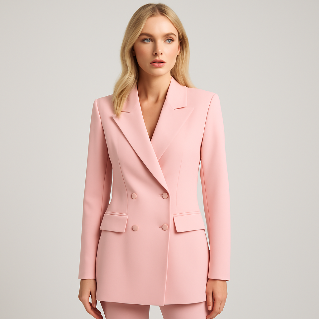 Light pink double breasted blazer with notched lapel and structured fit, featuring front flap pockets