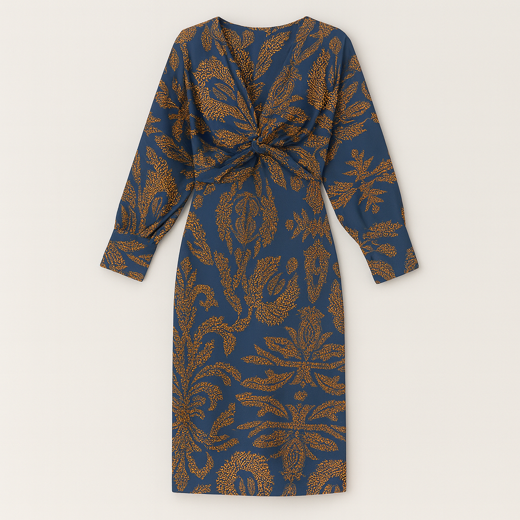 Long-sleeve midi dress with a deep V-neckline, front knot detail, and allover printed pattern.