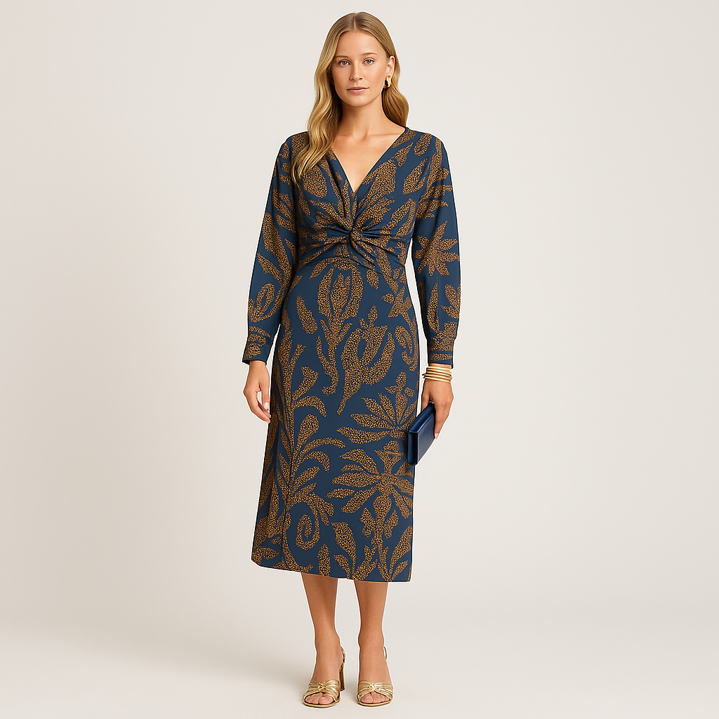 Long-sleeve midi dress with a deep V-neckline, front knot detail, and allover printed pattern.