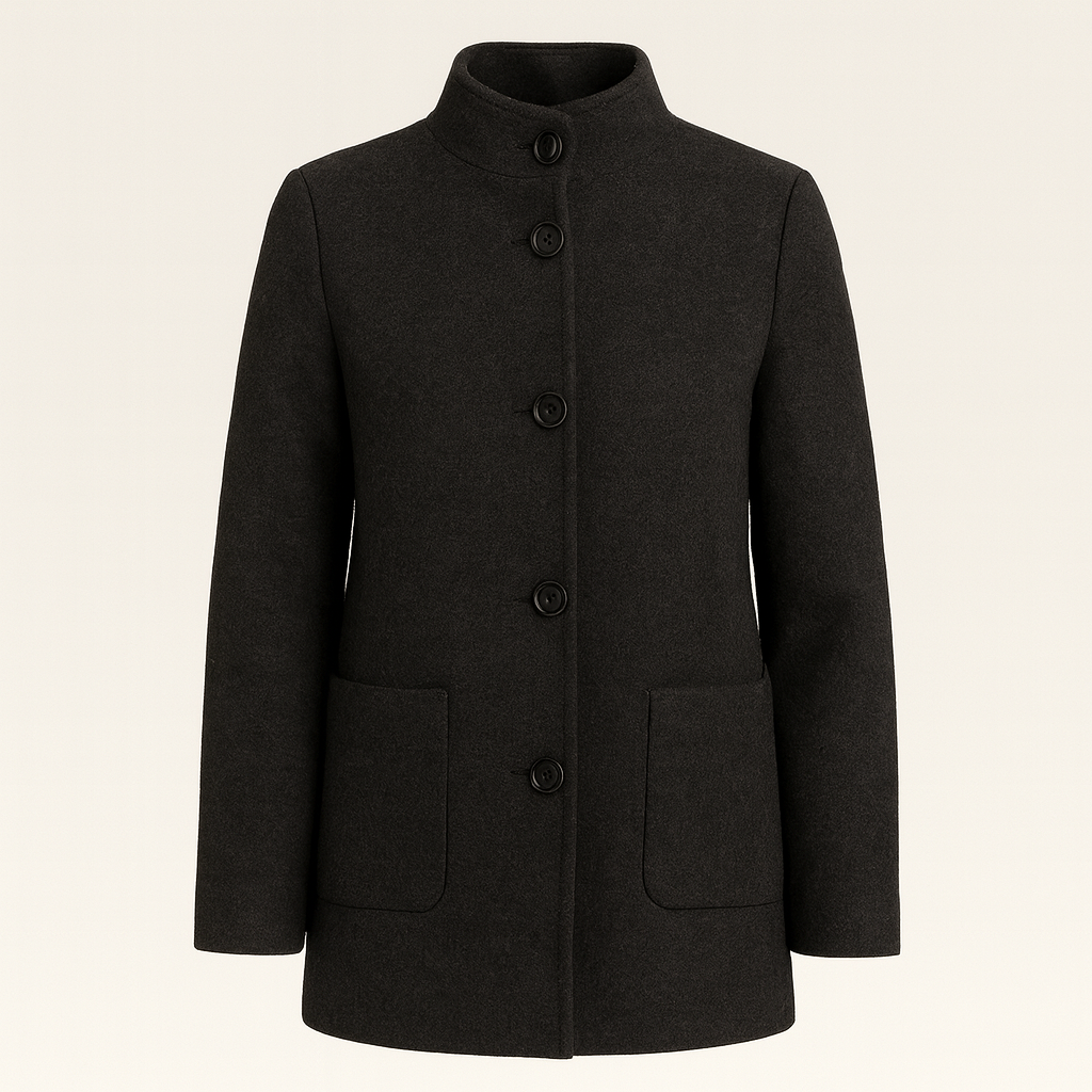 Wool coat with stand collar, button-front closure, and patch pockets, styled for modern everyday wear