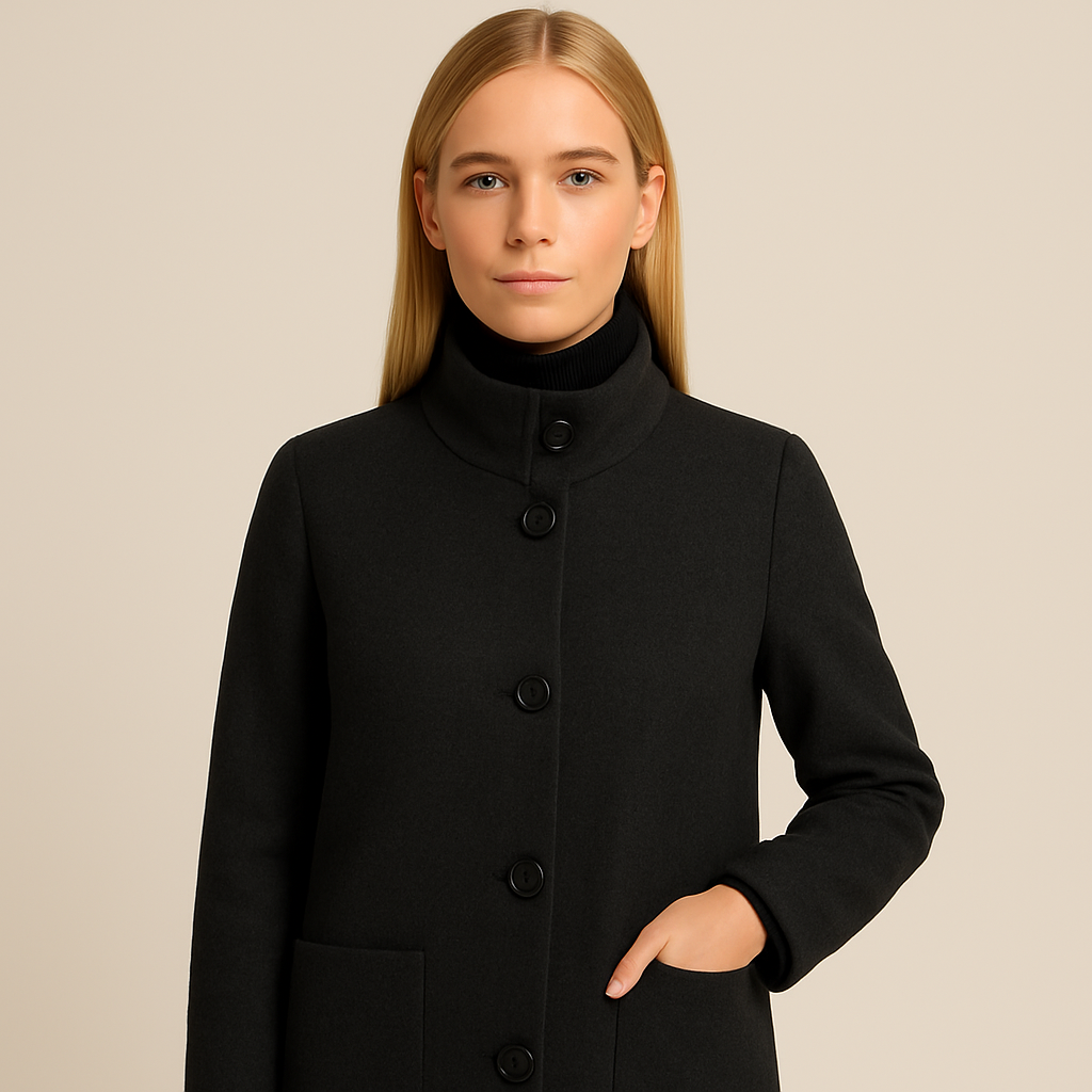 Wool coat with stand collar, button-front closure, and patch pockets, styled for modern everyday wear