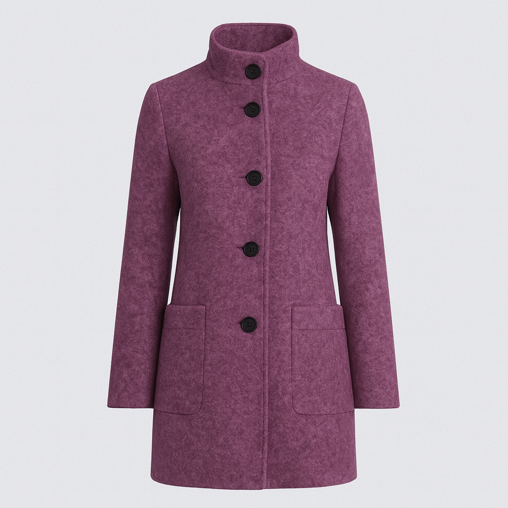 Wool coat with stand collar, button-front closure, and patch pockets, styled for modern everyday wear