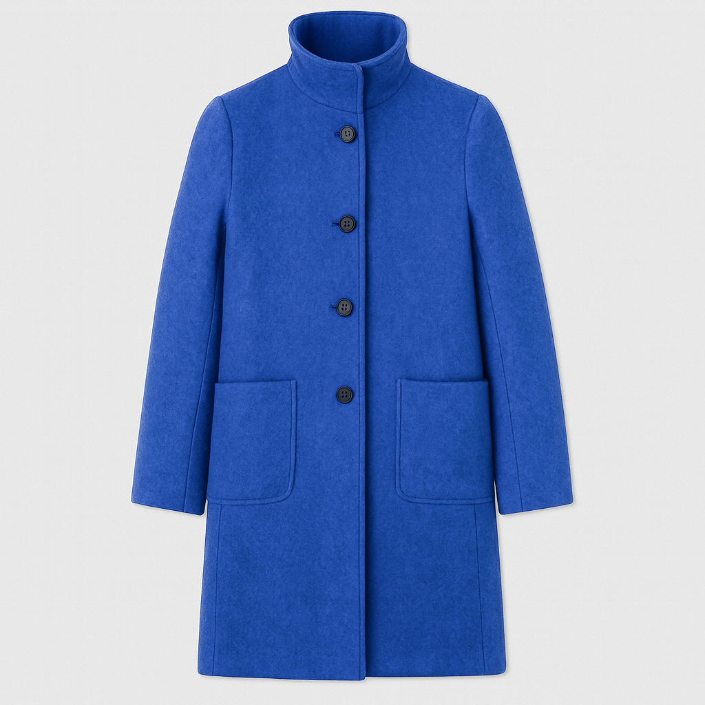 Wool coat with stand collar, button-front closure, and patch pockets, styled for modern everyday wear