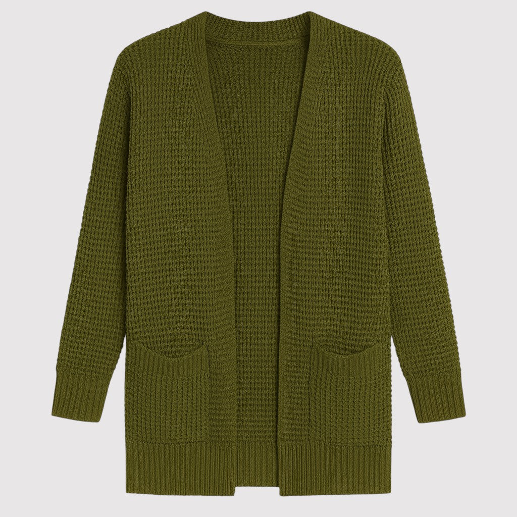 A long open-front knit cardigan with a textured waffle pattern, ribbed cuffs and hem, and two front patch pockets.